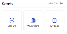 Komplio QR code scan — cleaner scans the washroom QR code to start a timestamped cleaning log