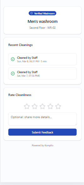 Komplio visitor feedback QR page — visitors rate washroom cleanliness and flag issues